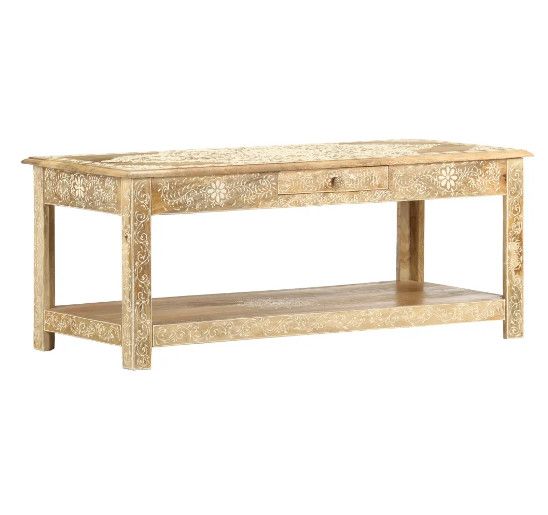 Table basse rectangulaire 1 tiroir manguier massif clair sculpté Ratu - Photo n°1