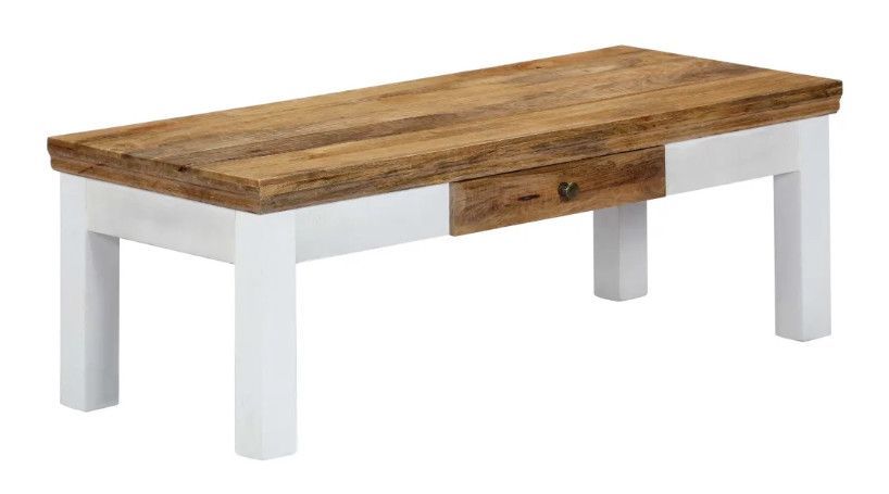 Table basse rectangulaire 1 tiroir manguier massif foncé et métal blanc Sytra - Photo n°1