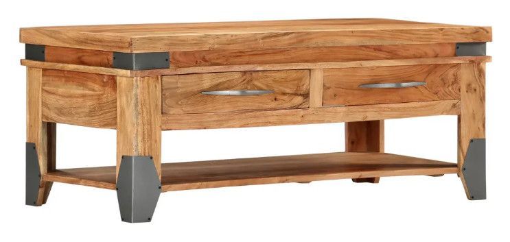 Table basse rectangulaire 2 tiroirs acacia massif clair Sokina - Photo n°1