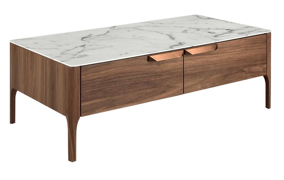 Table basse rectangulaire 2 tiroirs Blazer 120 cm - Noyer et porcelaine blanche effet marbre - Photo n°1