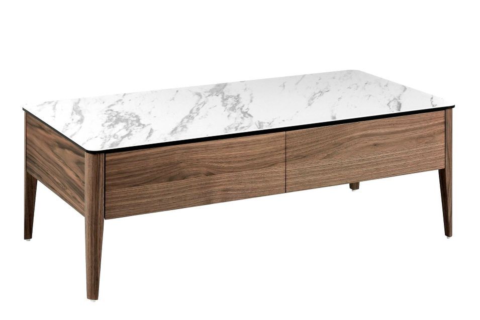 Table basse rectangulaire 2 tiroirs Kloser 120 cm - Noyer et porcelaine blanche effet Marbre - Photo n°1