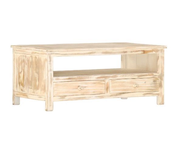 Table basse rectangulaire 2 tiroirs manguier massif blanc brossé Justin - Photo n°1