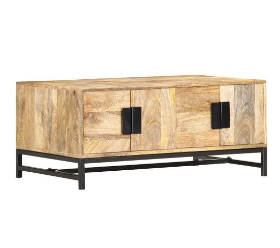 Table basse rectangulaire 4 portes manguier massif clair et métal noir Mitu - Photo n°1