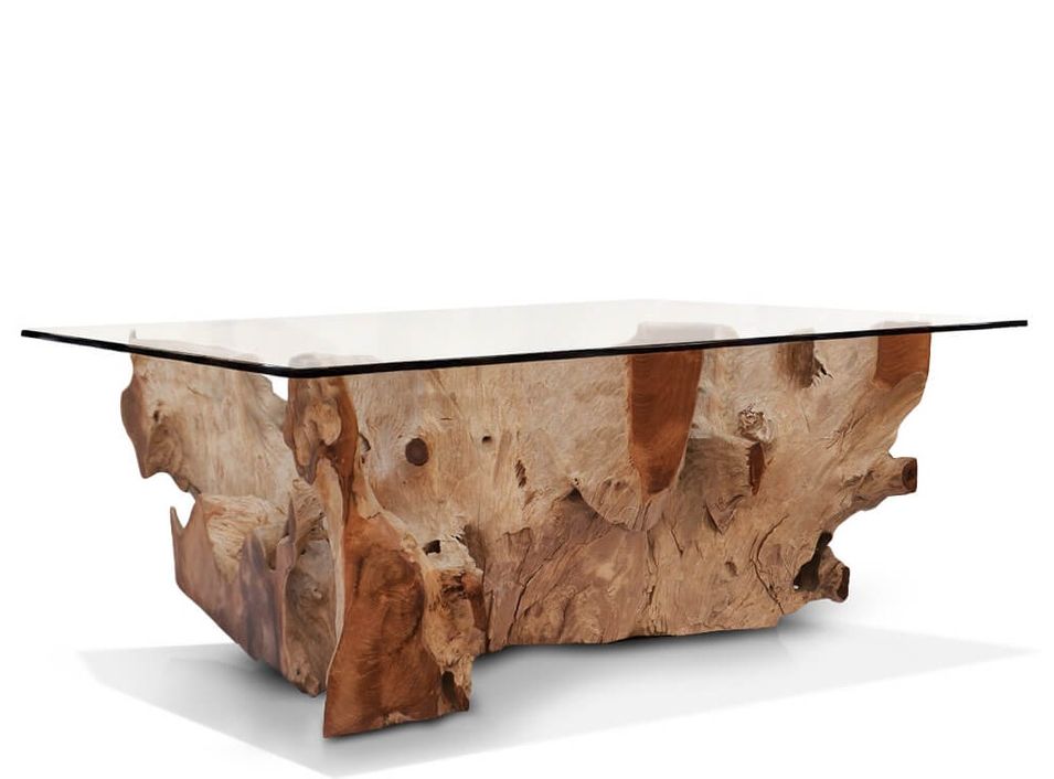 Table basse rectangulaire en racine de teck et verre trempé RAKINA 120 cm - Photo n°1