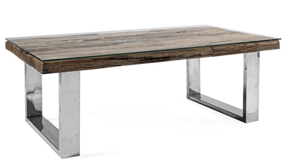 Table basse rectangulaire SAVY 110 cm - Bois massif & pieds acier chromé - Photo n°1