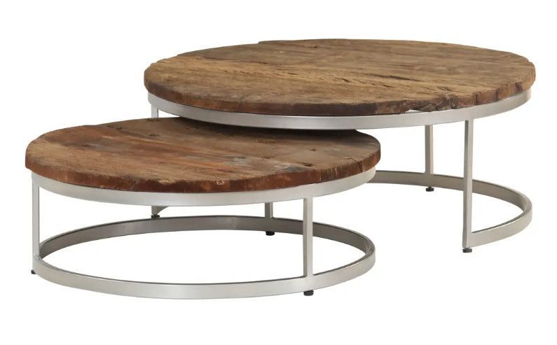 Table basse ronde bois de traverses recyclé et pieds métal gris Mousty - Lot de 2 - Photo n°1