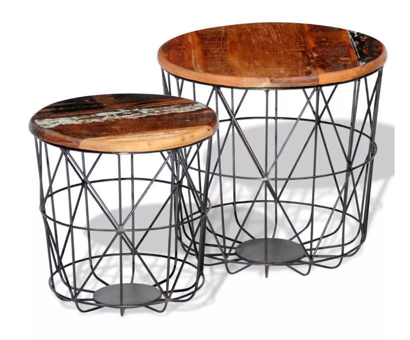 Table basse ronde bois massif recyclé et métal gris Retrica - Lot de 2 - Photo n°1