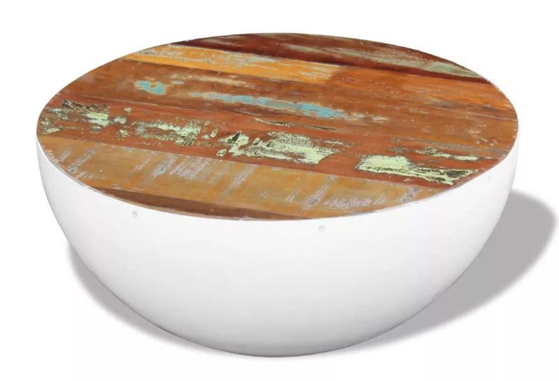 Table basse ronde bois massif recyclé et pieds métal blanc Leh - Photo n°1