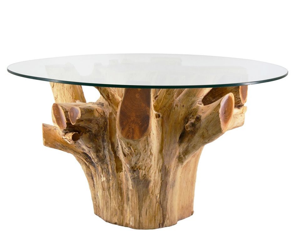Table basse ronde en racine de teck et verre trempé RAKINA Ø80 cm - Photo n°1