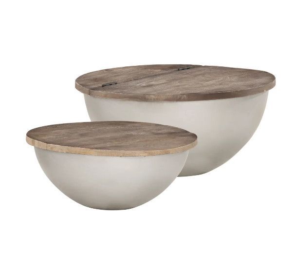 Table basse ronde manguier massif foncé et métal gris - Lot de 2 - Photo n°1