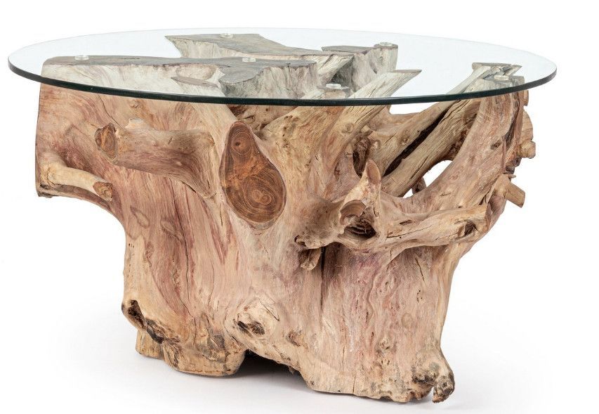 Table basse ronde racines de teck et verre trempé Zanda 80 cm - Photo n°1
