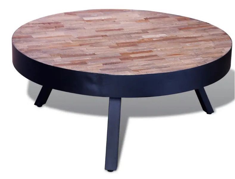 Table basse ronde teck recyclé clair et pieds métal noir Voust - Photo n°1