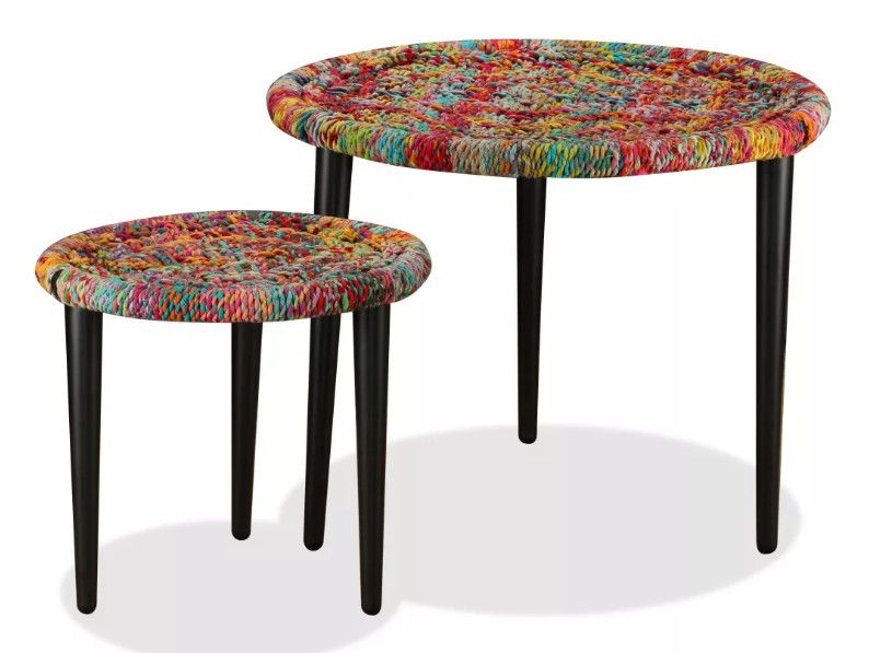 Table basse ronde tissu chindi et métal noir Missa - Lot de 2 - Photo n°1