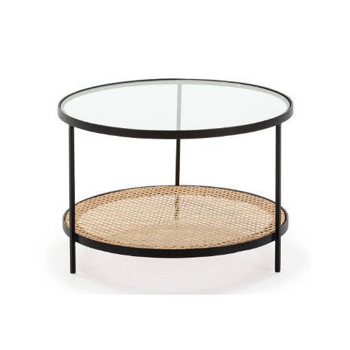 Table basse ronde verre transparent rotin naturel et métal noir - Photo n°1