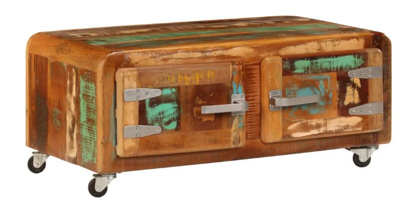 Table basse sur roulettes 2 portes bois massif recyclé Moust - Photo n°1