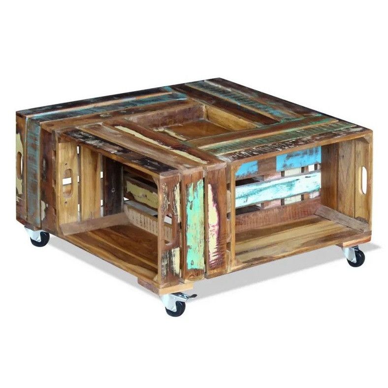Table basse sur roulettes bois de récupération massif Elano - Photo n°1