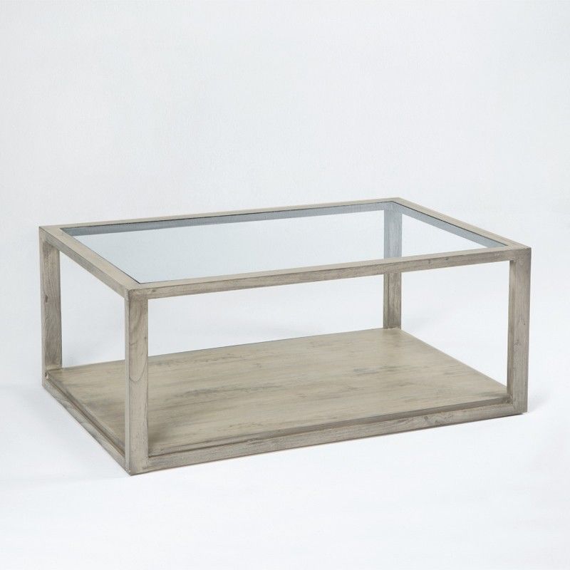 Table basse verre et bois massif gris voilé 110 cm - Photo n°1