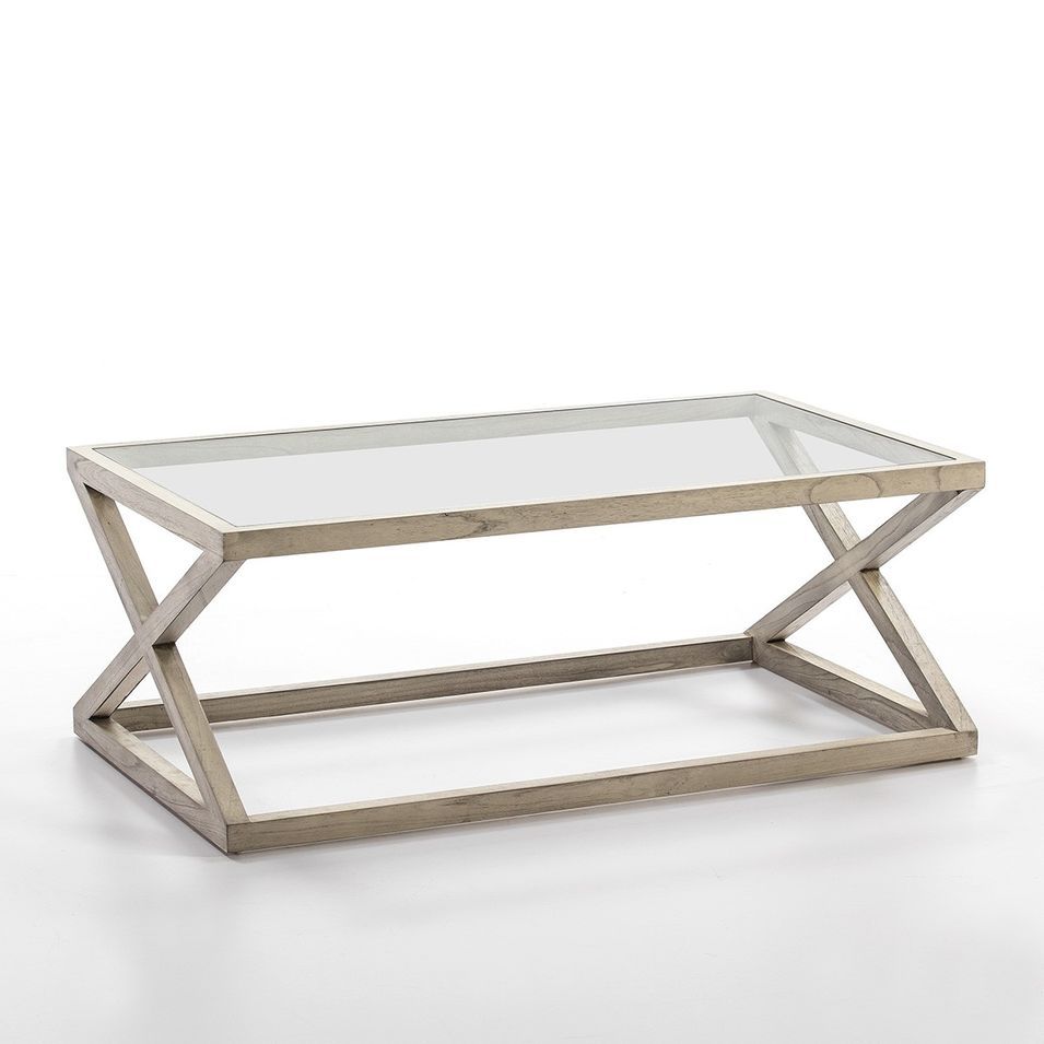 Table basse verre et bois massif peint gris voilé 120 cm - Photo n°1