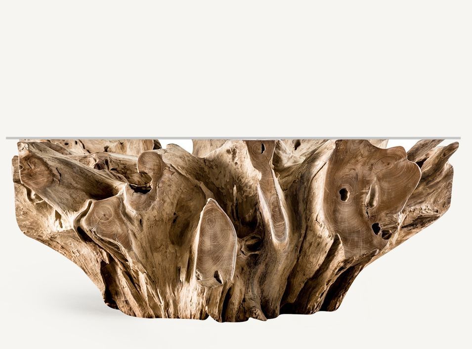 Table basse WAARY — racine de teck, la pureté du verre - Photo n°1