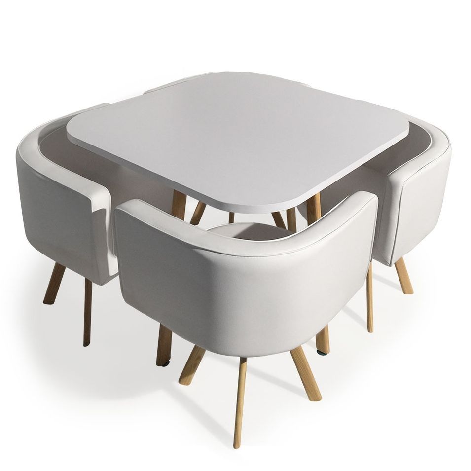 Table bois chêne clair et 4 chaises similicuir blanc Paolo - Photo n°1