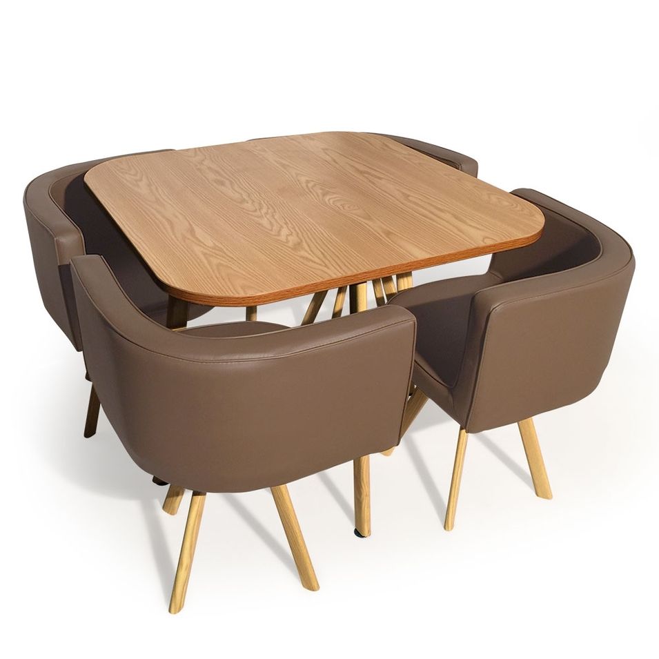 Table bois chêne clair et 4 chaises similicuir taupe Paolo - Photo n°1