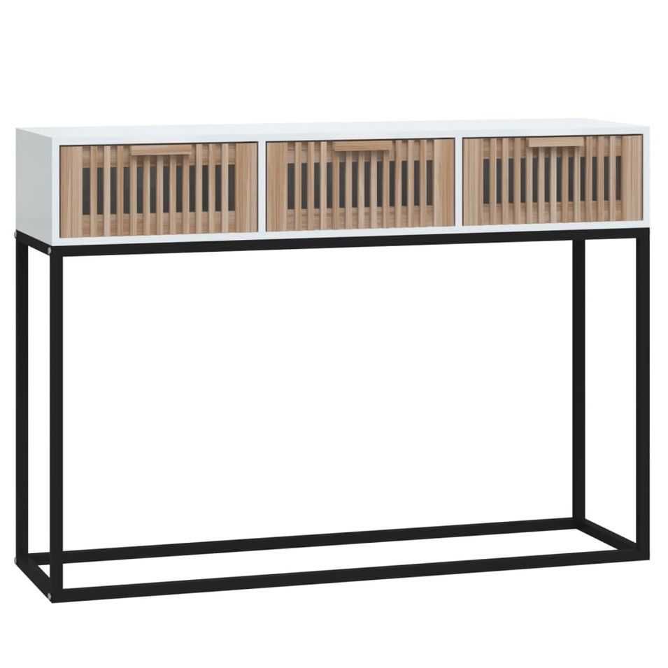 Table console en bois naturel avec 3 tiroirs et pieds en métal noir 105 cm - Modèle Bolivia - Photo n°1
