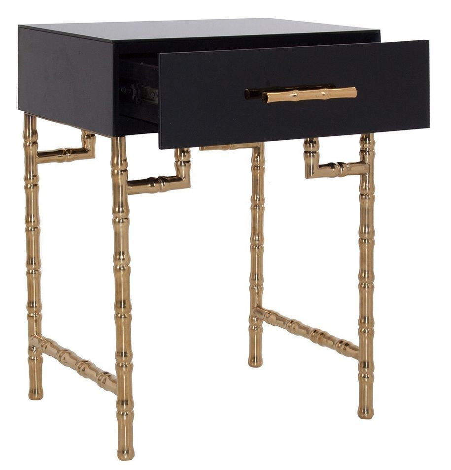 Table d'appoint art déco 1 tiroir verre noir et métal doré Zelli - Photo n°1