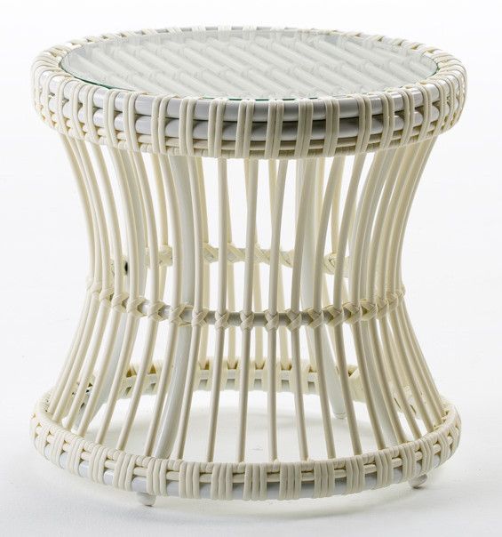 Table d'appoint de jardin ronde verre et rotin synthétique blanc Leyla - Photo n°1
