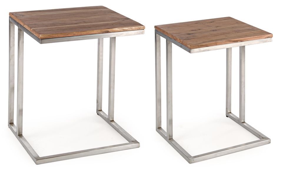 Table d'appoint en acacia et acier argent Obito - Lot de 2 - Photo n°1