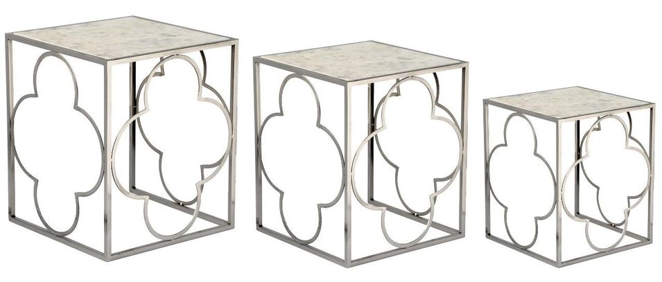 Table d' appoint gigogne effet marbre et métal argenté - Lot de 3 - Photo n°1