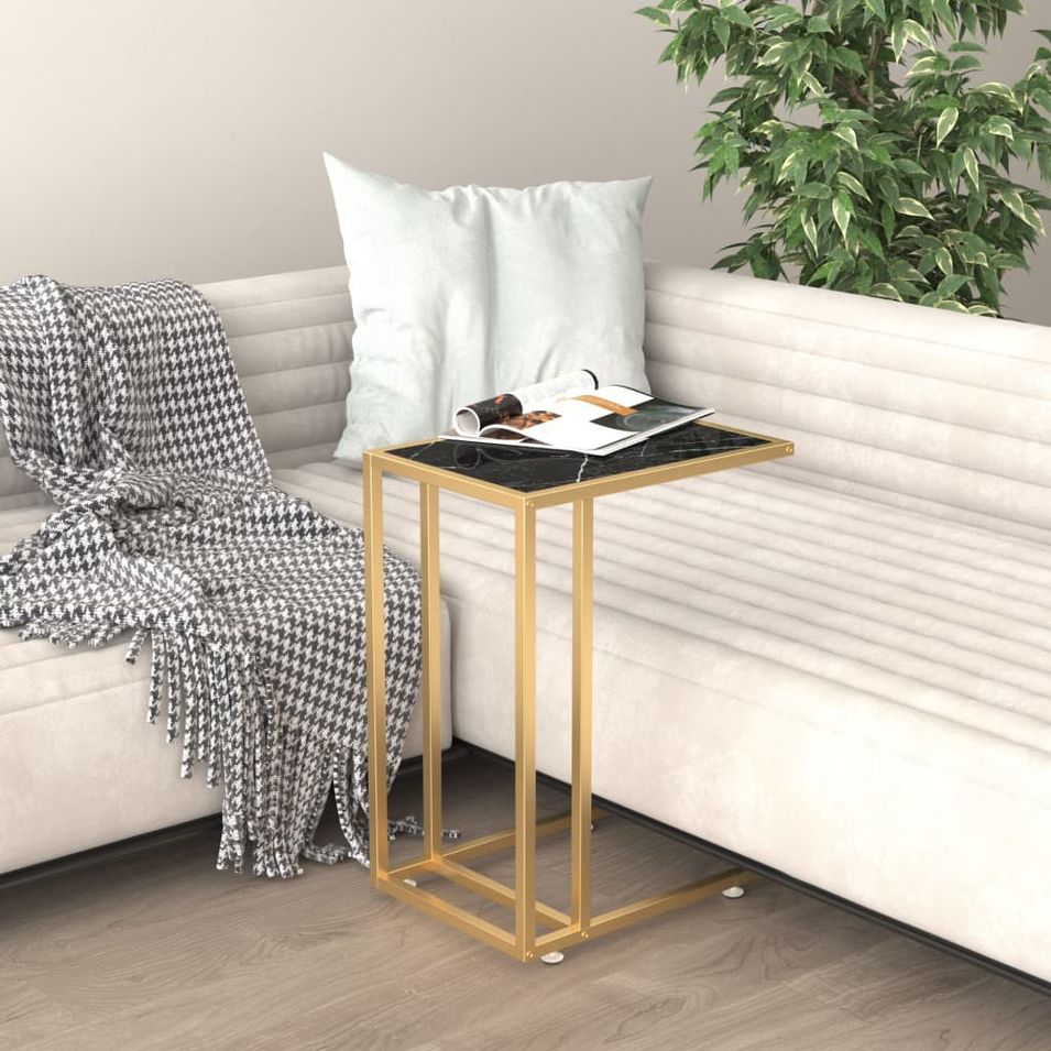 Table d'appoint ordinateur Marbre noir 50x35x65 cm Verre trempé - Photo n°1