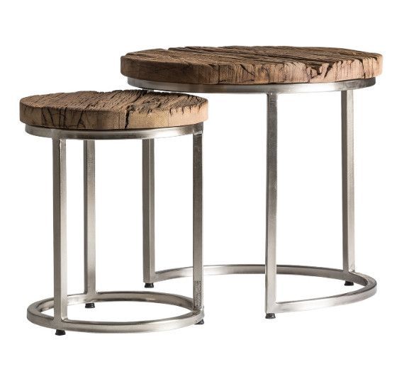 Table d'appoint ronde bois de traverse foncé et métal argenté Haze - Lot de 2 - Photo n°1