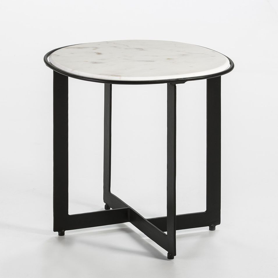 Table d'appoint ronde marbre blanc et métal noir Guaie D 46 cm - Photo n°1