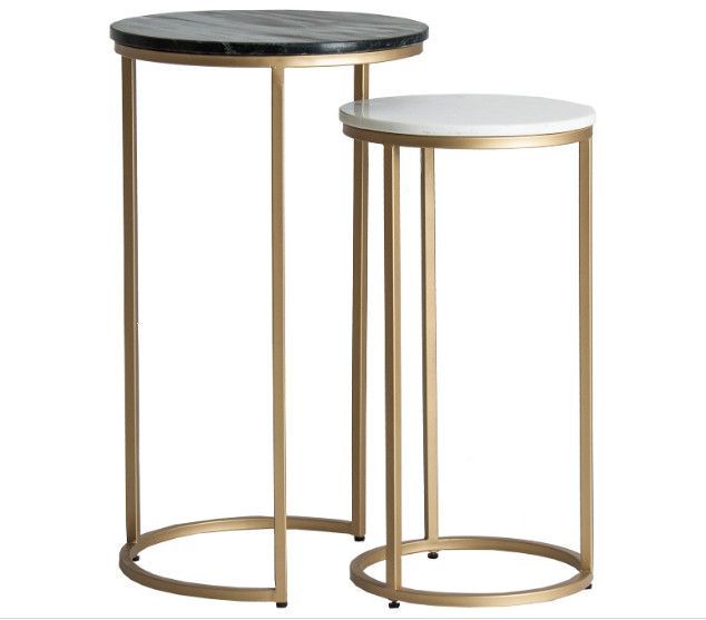 Table d'appoint ronde marbre noir et blanc et métal doré Anato - Lot de 2 - Photo n°1