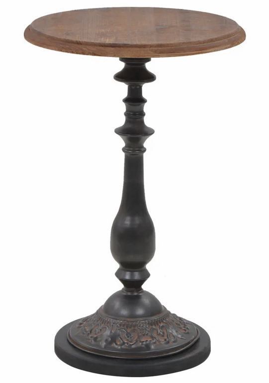 Table d'appoint ronde pin massif foncé et pied métal noir Keral - Photo n°1