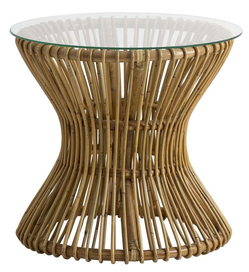 Table d'appoint ronde rotin clair et plateau en verre Alchi - Photo n°1