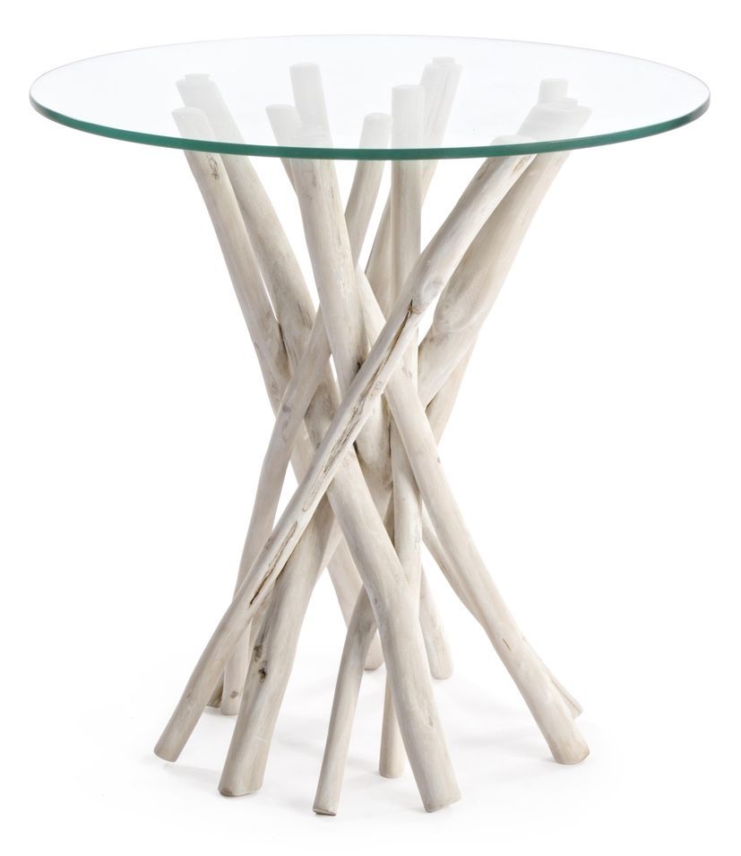 Table d'appoint ronde SAHEL – bois massif de teck blanchi & verre trempé – Ø40 cm - Photo n°1
