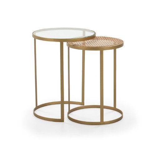 Table d'appoint ronde verre transparent rotin naturel et métal doré Brunie - Lot de 2 - Photo n°1