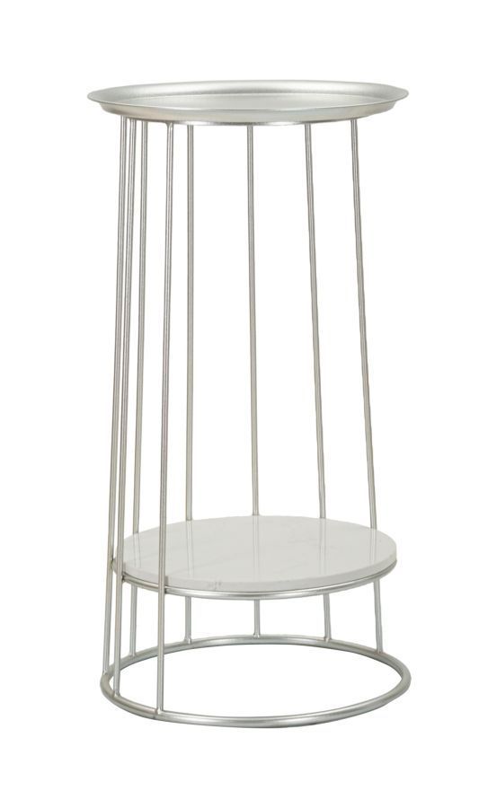 Table d’appoint Tour argentée avec plateau effet marbre Lam - Photo n°1
