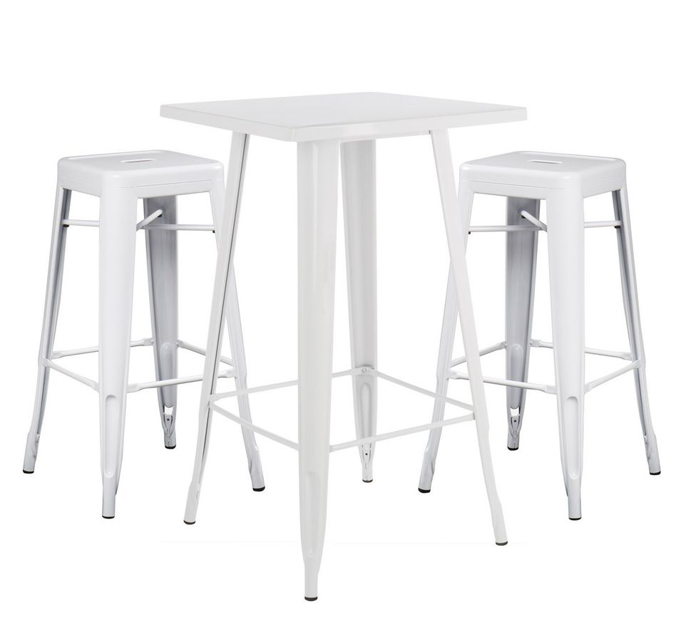 Table de bar carrée blanc brillant et 2 tabourets industriel Pinka - Photo n°1