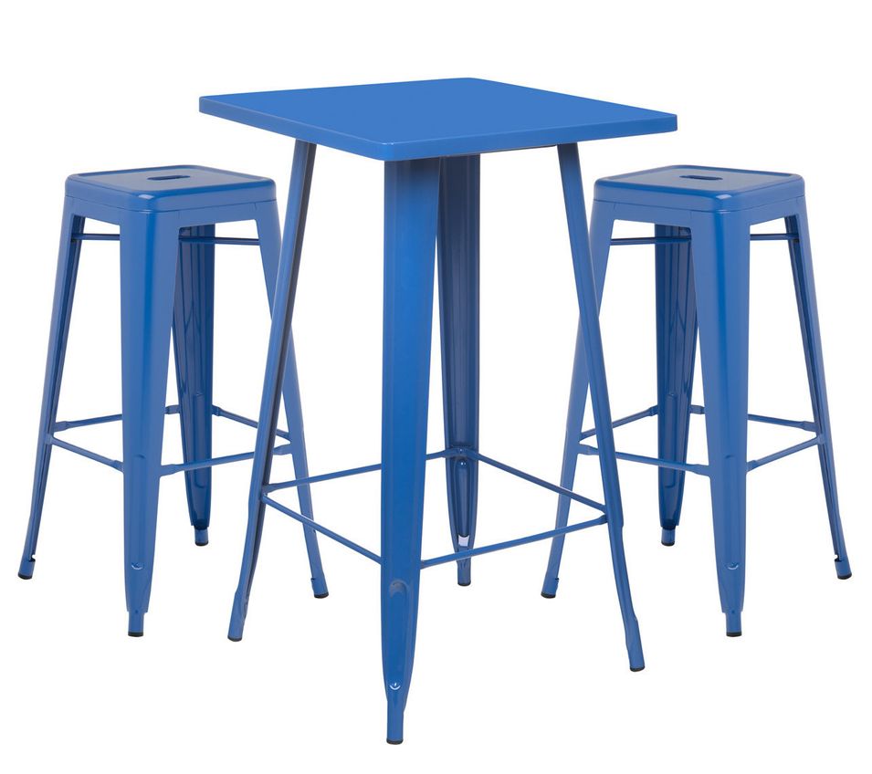 Table de bar carrée bleu brillant et 2 tabourets industriel Pinka - Photo n°1