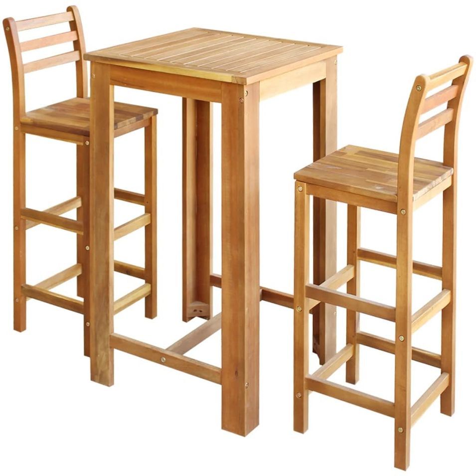 Table de bar carrée bois d'acacia massif et 2 tabourets naturel Zeni - Photo n°1
