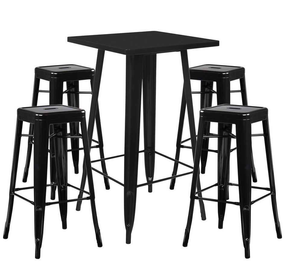 Table de bar carrée noir brillant et 4 tabourets industriel Pinka - Photo n°1