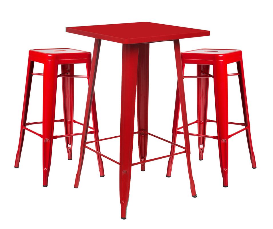 Table de bar carrée rouge brillant et 2 tabourets industriel Pinka - Photo n°1
