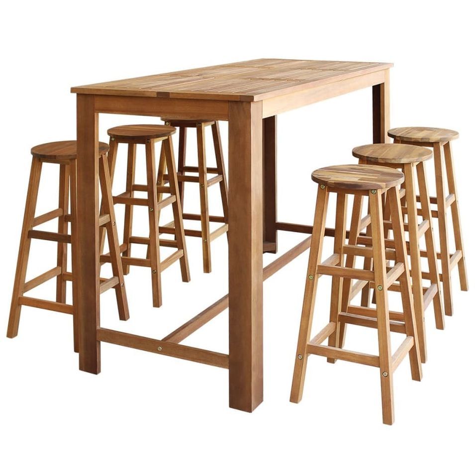 Table de bar rectangulaire bois d'acacia massif et 6 tabourets naturel Mulko - Photo n°1