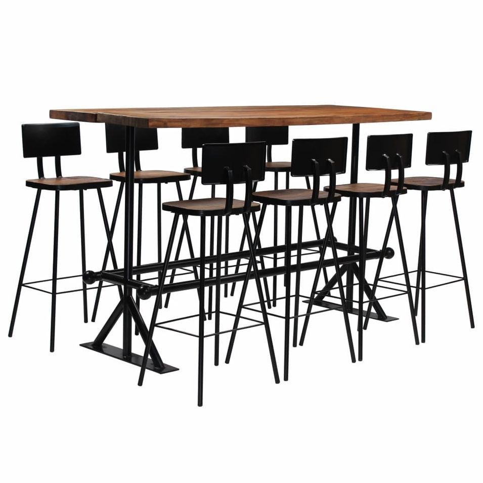 Table de bar rectangulaire bois recyclé massif et 8 tabourets vintage - Photo n°1