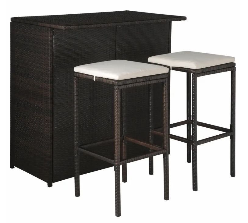 Table de bar rectangulaire et 2 tabourets de jardin résine tressée marron Klark - Photo n°1