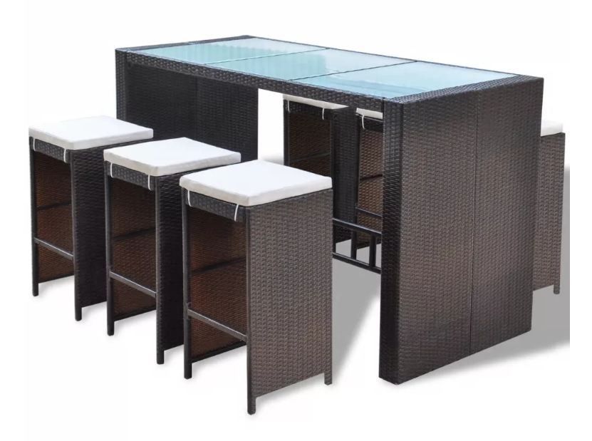 Table de bar rectangulaire et 6 tabourets de jardin résine tressée marron Boo - Photo n°1