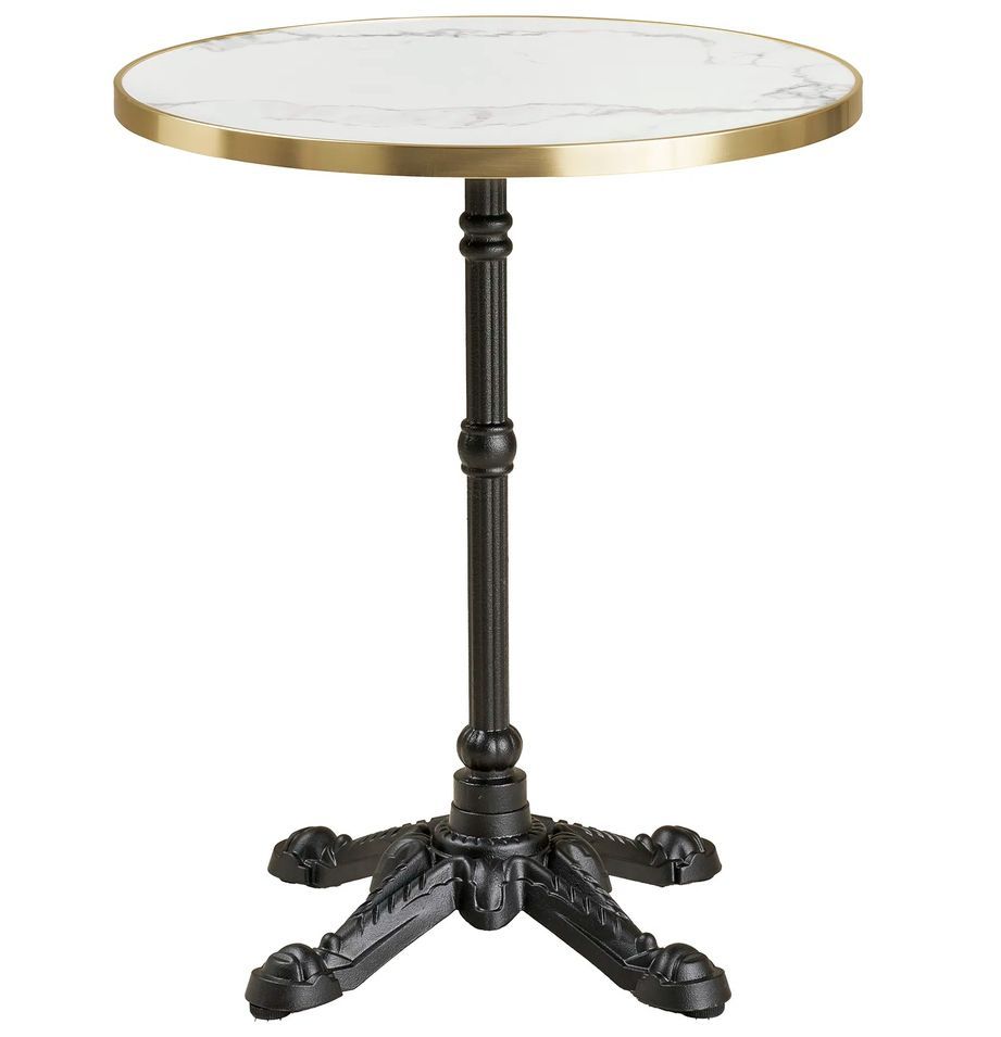 Table de bistrot ronde MAYORK Ø60 cm – Plateau blanc aspect marbre, bord doré & pied métal noir - Photo n°1