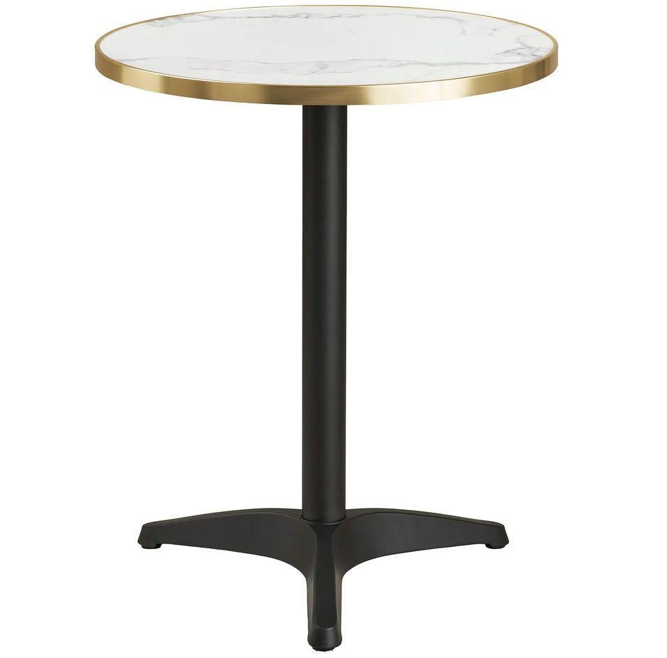 Table de bistrot ronde KUSTA Ø60 cm – Plateau blanc aspect marbre, bord doré & pied métal noir - Photo n°1